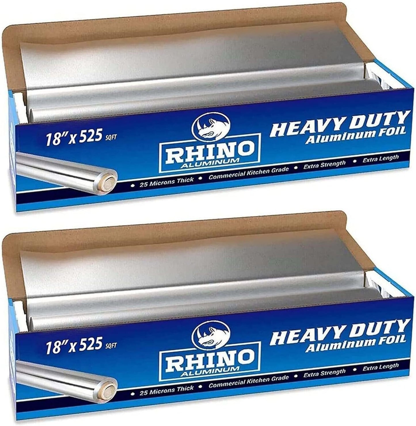 Rhino Aluminum Foil Heavy Duty - 18 x 525 sf, 25 Microns Thick (Pack of 2) Foil Aluminum Roll - Commercial Grade & Extra Thick, Strong Enough for Food Service Industry