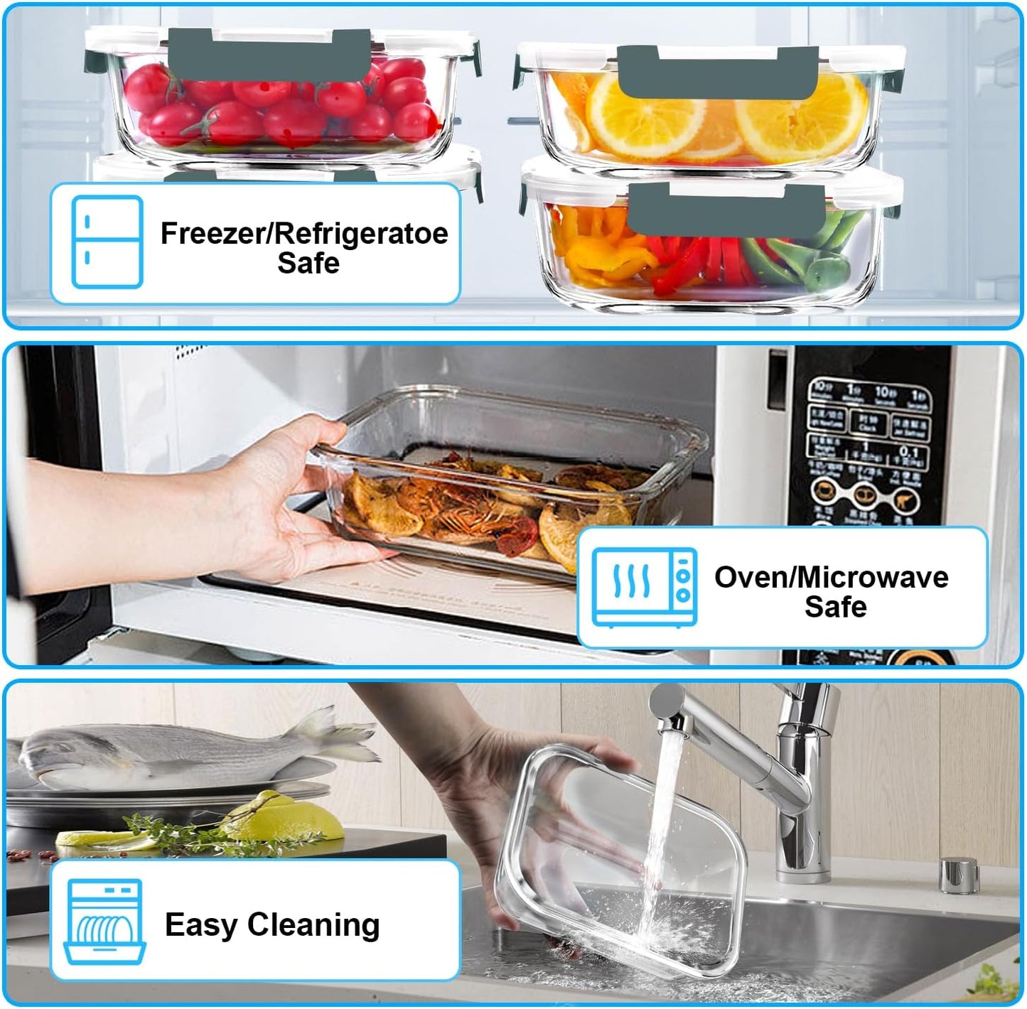 VERONES 5 Pack 36 OZ Glass Meal Prep Containers, Airtight Glass Lunch Containers Set, Glass Food Storage Containers with Lids,Exclusive of BPA, for Microwave, Oven, Freezer & Dishwasher Friendly,Grey