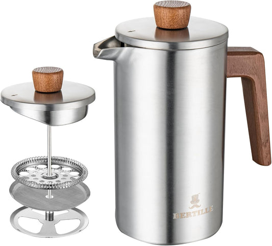 BERTILLE french press coffee maker, 34OZ 304 food stainless steel French press coffee maker with solid wood handle, double-layer insulation and 3-layer filtration system (silver)