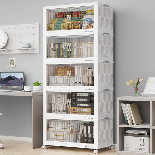 300Qt Stackable Storage Bins with Lid, Extra Large Closet Organizer Collapsible Drawer Boxes with Wheels, Folding Plastic Cabinet Containers for Home Kitchen Room Organization, 5Pack White