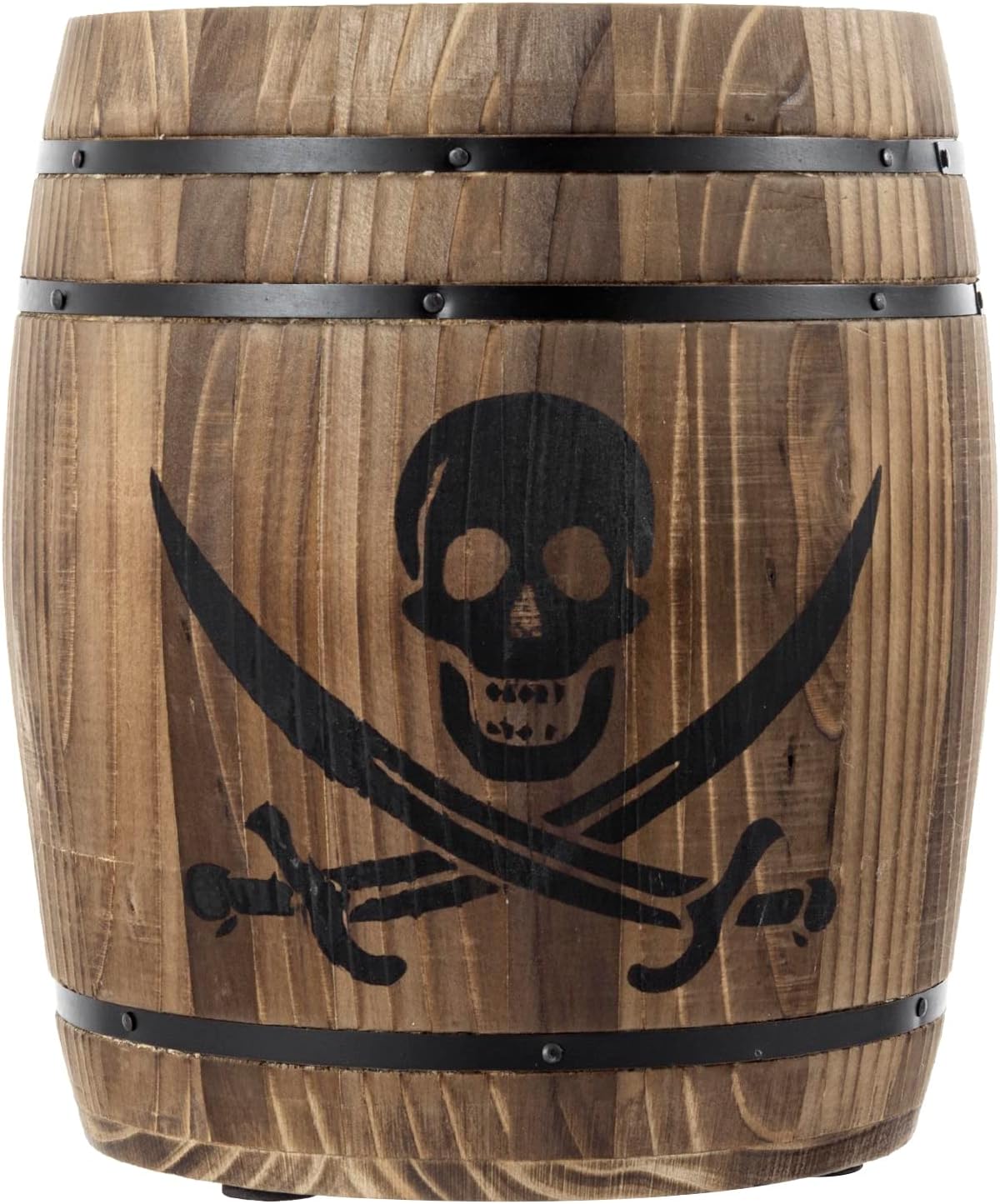 MyGift Rustic Burnt Wood Pirates Rum Cask Style Kitchen Utensil Crock, Vintage French Wine Barrel Cooking Tools Holder with Skull and Cutlass Sword Design