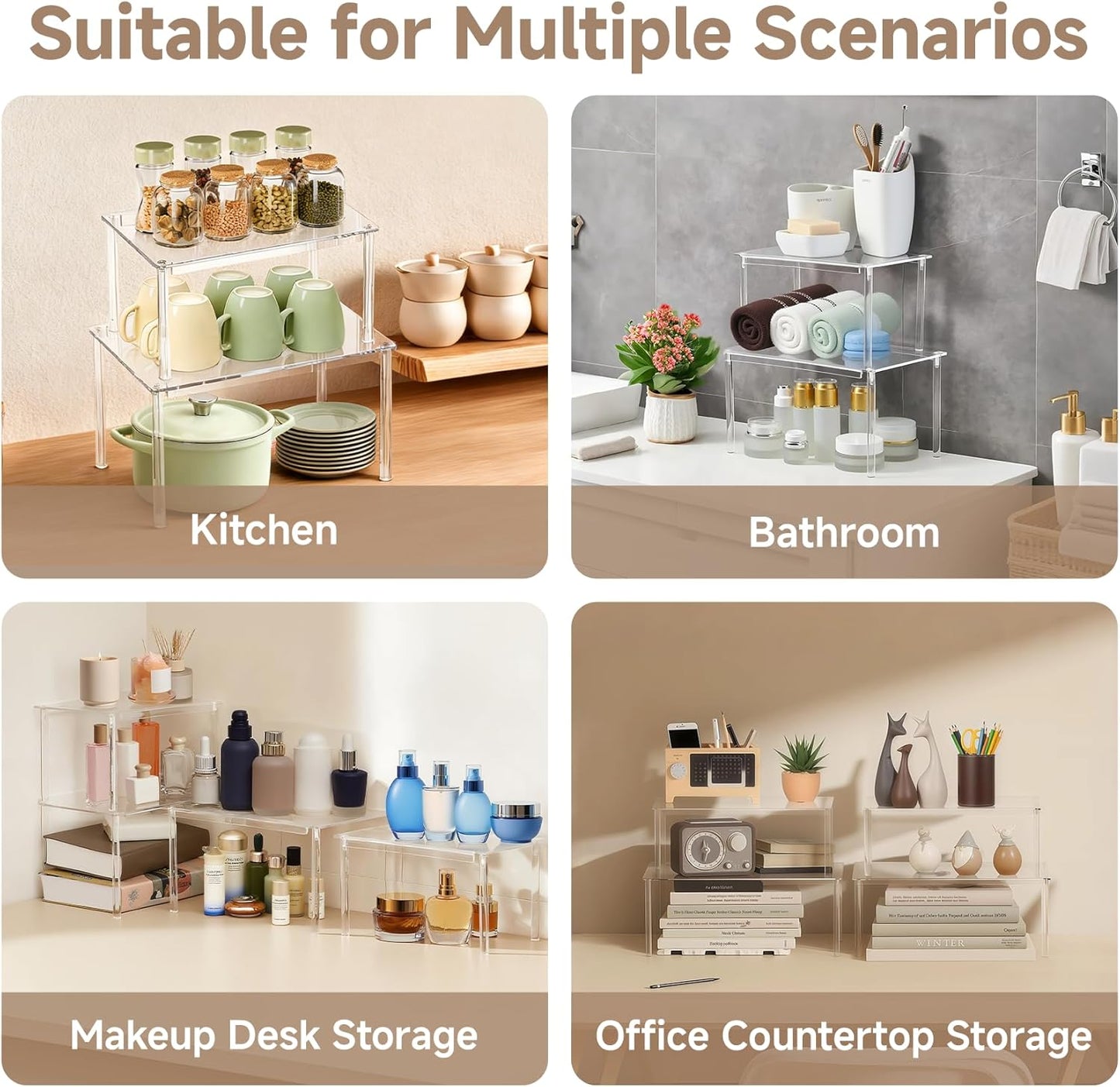 Clear Kitchen Cabinet Organizer, Set of 4 Stackable Spice Rack, Acrylic Shelves for Pantry Organizers and Storage, Tiered Spice Organization for Cabinet, Shelf Organizer for Desk Countertop