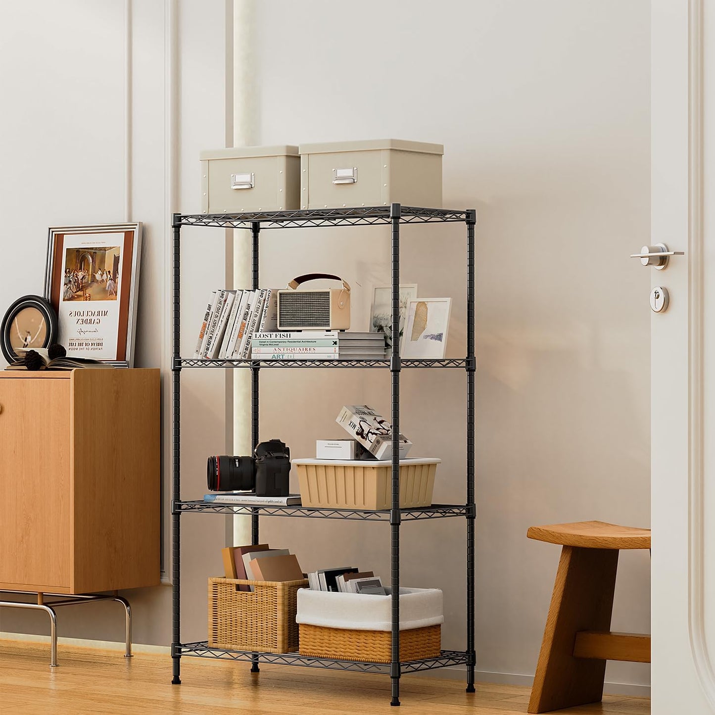 1000 lbs 4Tier Shelf Metal Storage Shelves Wire Rack Closet Organizers with Wheel for Garage Kitchen Bathroom Laundry Black 13.7" D x 29.5" W x 47.2" H