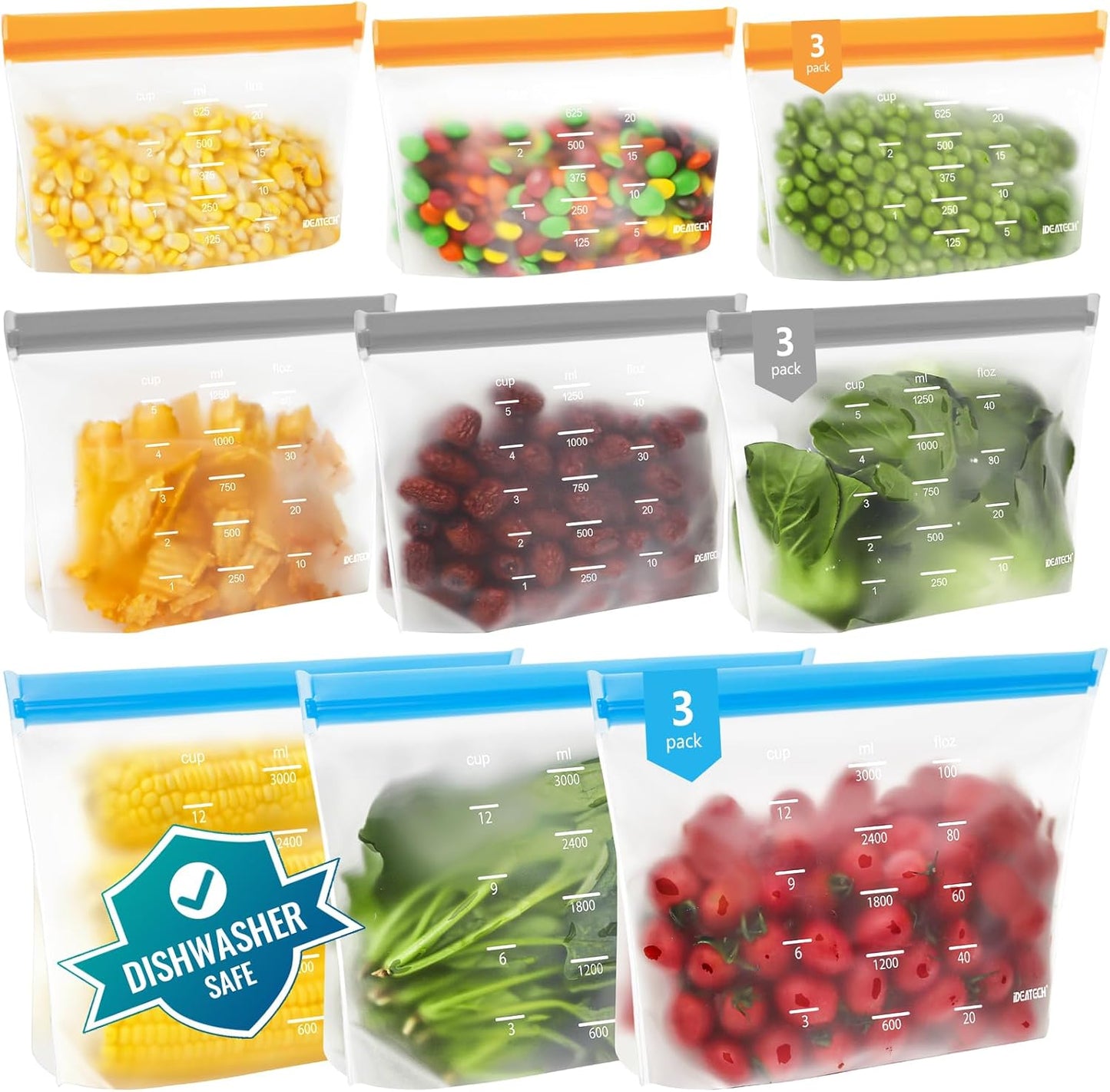 Dishwasher Safe Reusable Storage Bags Stand Up - BPA Free Reusable Sandwich Bags - Leakproof Gallon Freezer Bags, Silicone Food Storage Bags - Multicolor 3 Gallon + 3 Sandwich + 3 Snack Bags