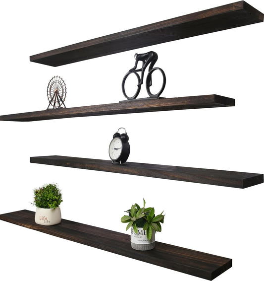 Wood Floating Shelves for Wall, Wooden Wall Shelves for Bedroom, Wall Mounted Shelves for Living Room, Set of 4 Brown 48 Inch