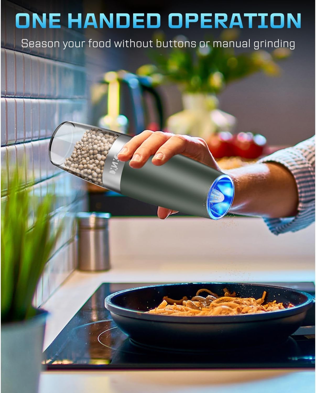 XinXu Gravity Electric Pepper and Salt Grinder Set, Automatic Mill Grinder Shaker,Battery-Operated, Adjustable Coarseness, Stainless Steel, LED Light, One Hand Operated,Dark Green