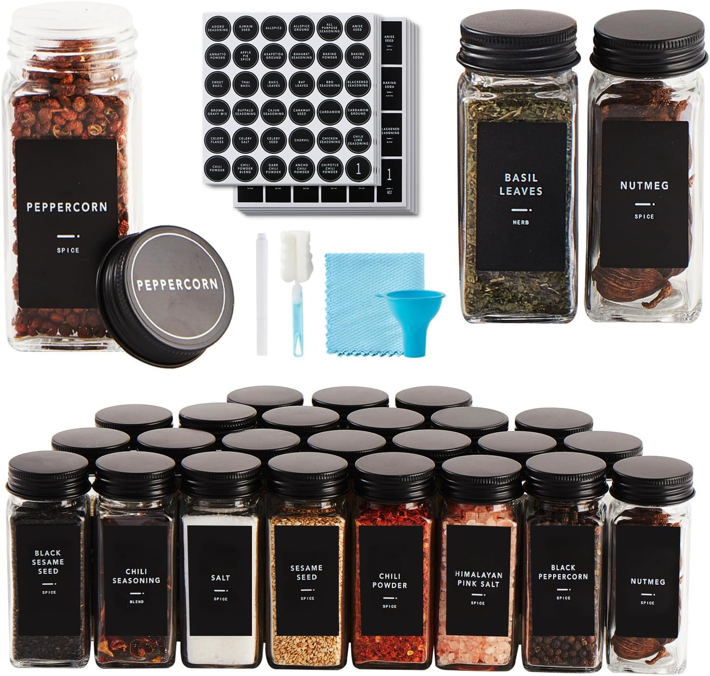 36 Pcs Spice Jars with Label- Glass Spice Jars with Black Metal Caps,Shaker Lids, Funnel, Chalk Pen, Brush,Cleaning Cloth 4oz Seasoning Containers Bottles for Spice Rack, Cabinet, Drawer