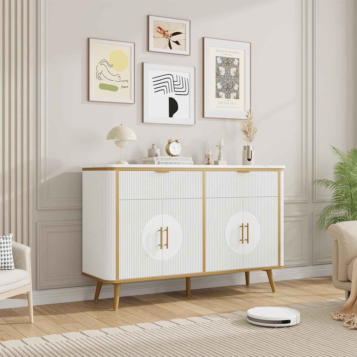 47.2" Buffet Storage Cabinet, Modern Fluted Coffee Bar Station with 2 Drawers & Adjustable Shelves, Kitchen Sideboard Buffet for Dining Room, Living Room, Hallway, White