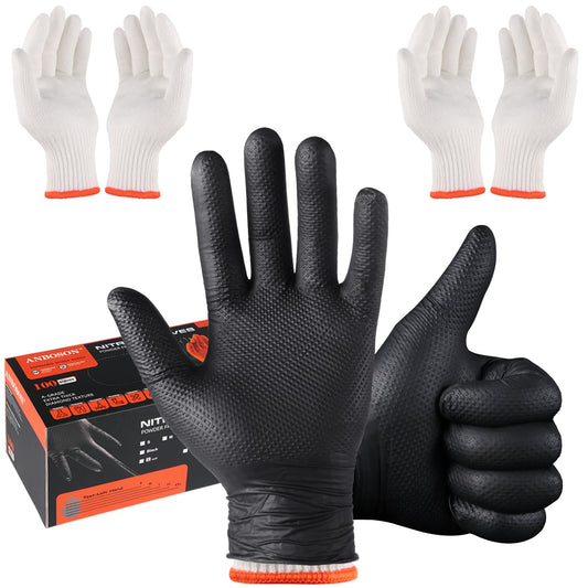 BBQ Gloves for Grilling Disposable Heat Resistant - 100 Nitrile Gloves + 4 Reusable Cotton Liners for Barbecue Smoker, Cooking Hot Meat - 10Mil Thick, Non-Slip Grip - Black Large