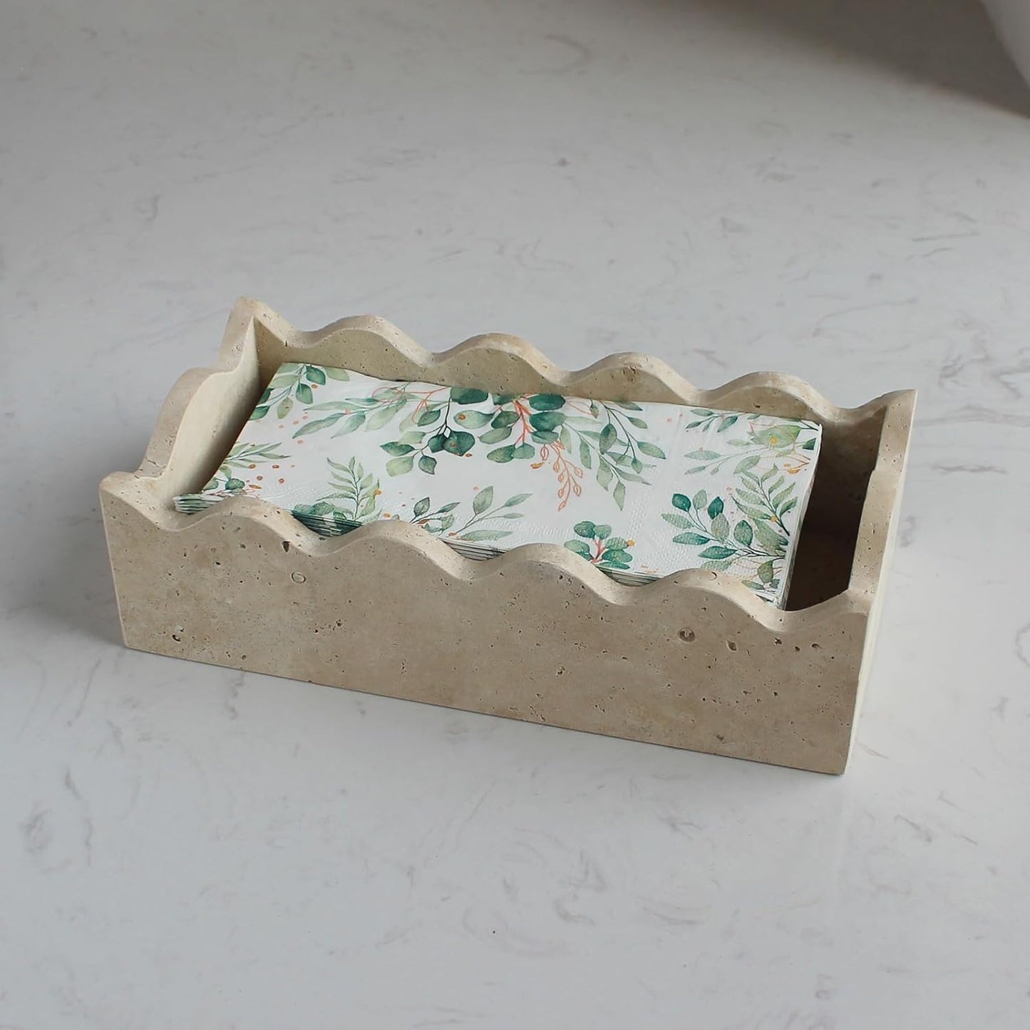 Natural Travertine Guest Towel Holder 9.8" × 4.9" for Bathroom, Rectangular Napkin Holder with Scalloped Edge, Tissue Hand Towel Tray for Dinner Table, Countertop Bathroom Vanity