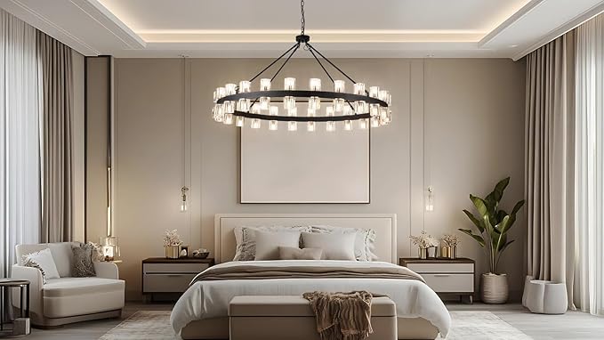 48 Inch Black Wagon Wheel Chandelier with Crystal Shade, 48 Lights, Modern Farmhouse Style, Ideal for Dining Room, Kitchen, Entryways