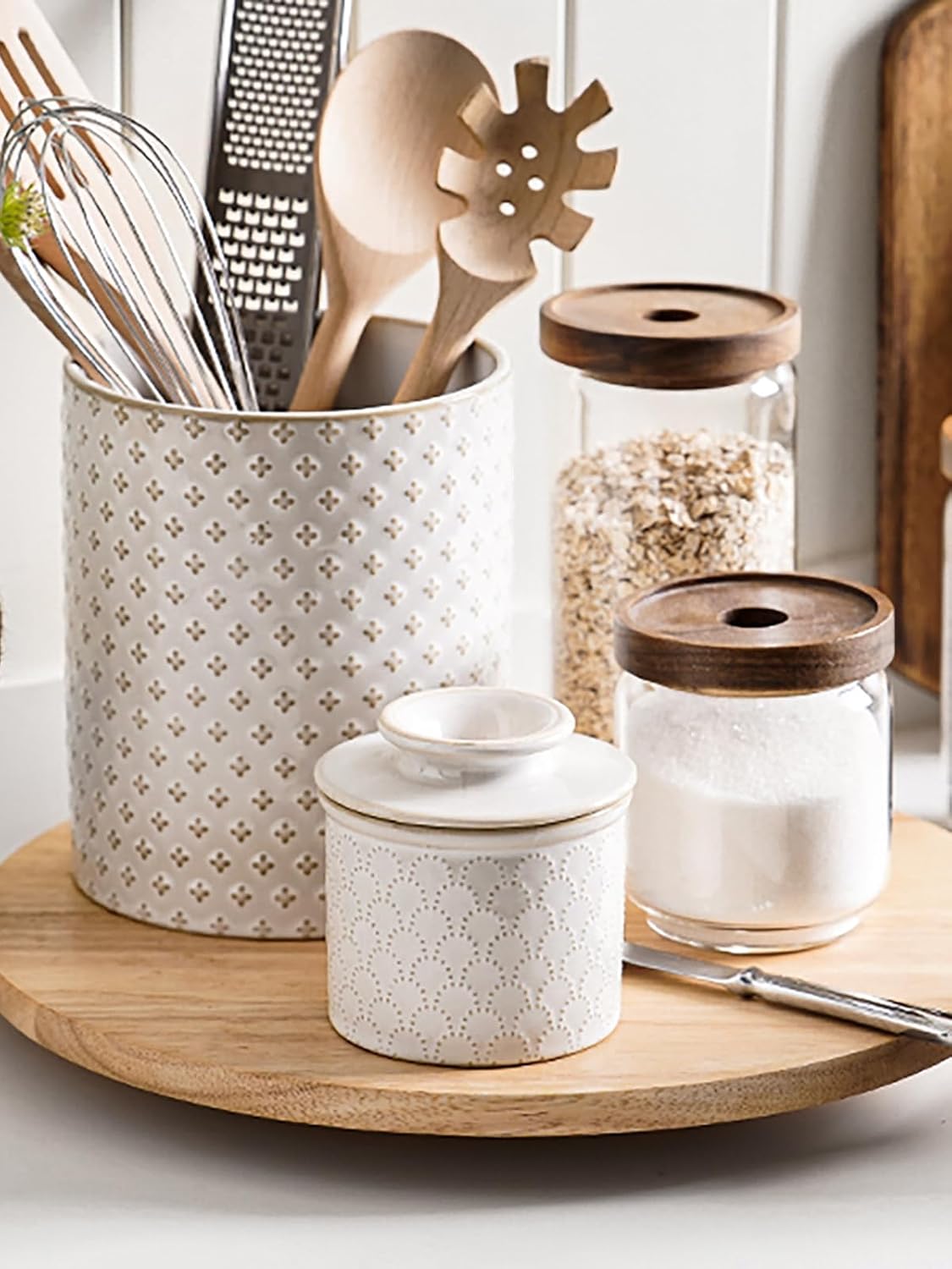 LE TAUCI Butter Crock, Butter Dish with Lid, Butter Container for Counter with Water Line, Embossed French Butter Keeper for Spreadable Butter, Suit For Housewarming - Set of 1, Arctic White,Fireworks