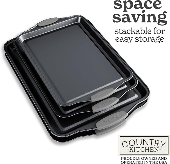 Country Kitchen Nonstick Stackable Bakeware Set - Heavy Duty, Durable, Easy Release Baking Set, Grey, 4 Pcs