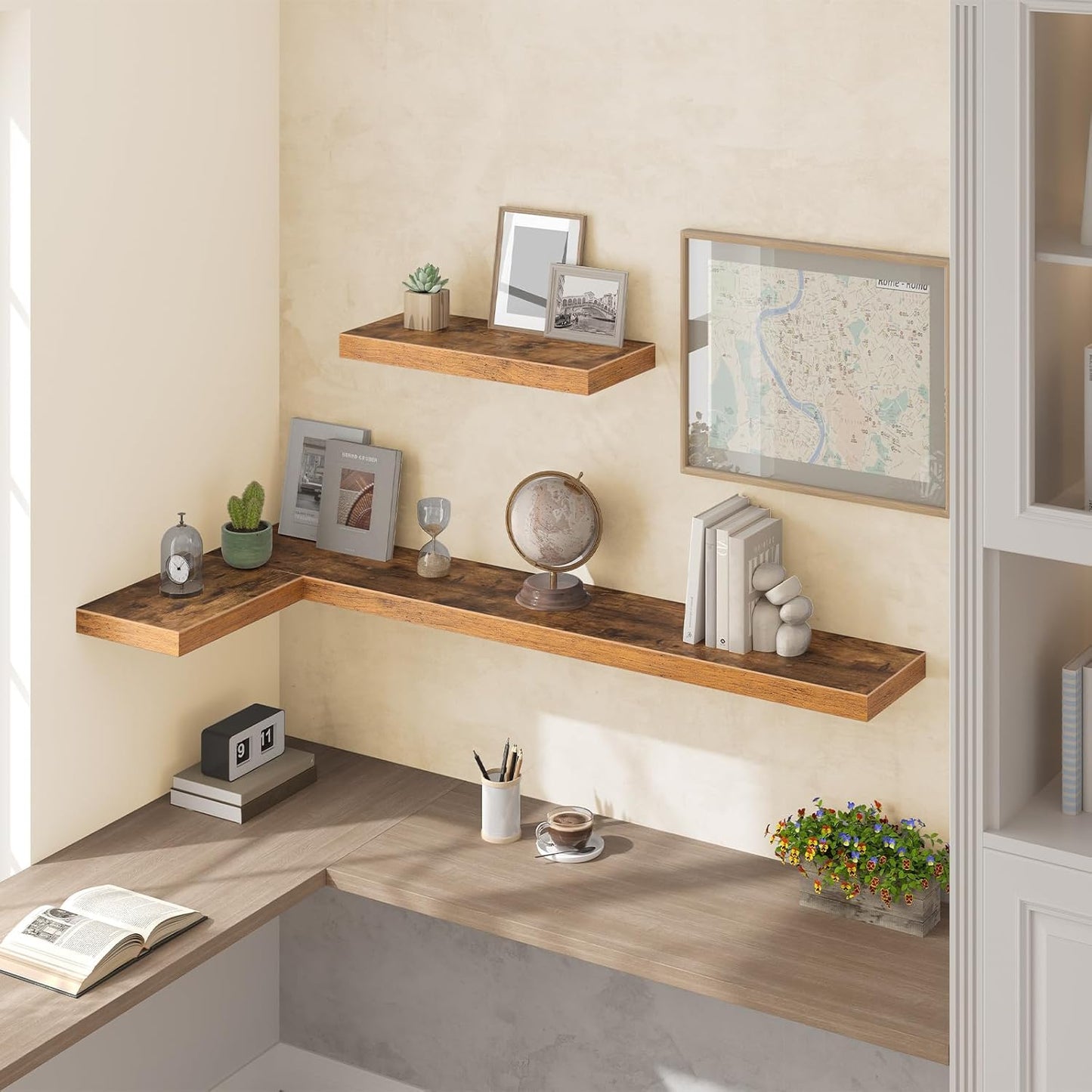 HOOBRO Floating Shelves for Wall, Wall Mounted Shelf Set of 2, 55" Hanging Shelf with Invisible Brackets, for Wall in Bathroom, Bedroom, Toilet, Kitchen, Living Room, Office, Rustic Brown BF140BJP201