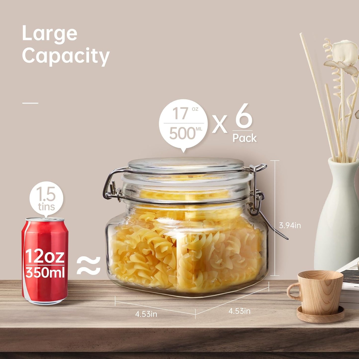 17oz - 6 Pack Square Glass Jars with Airtight Lid, Wide Mouth Mason Jars with Clamp Lids, Air Tight Glass Canisters, Best Food Storage Containers for Cereal, Pasta, Rice, Sugar, Coffee, Spice