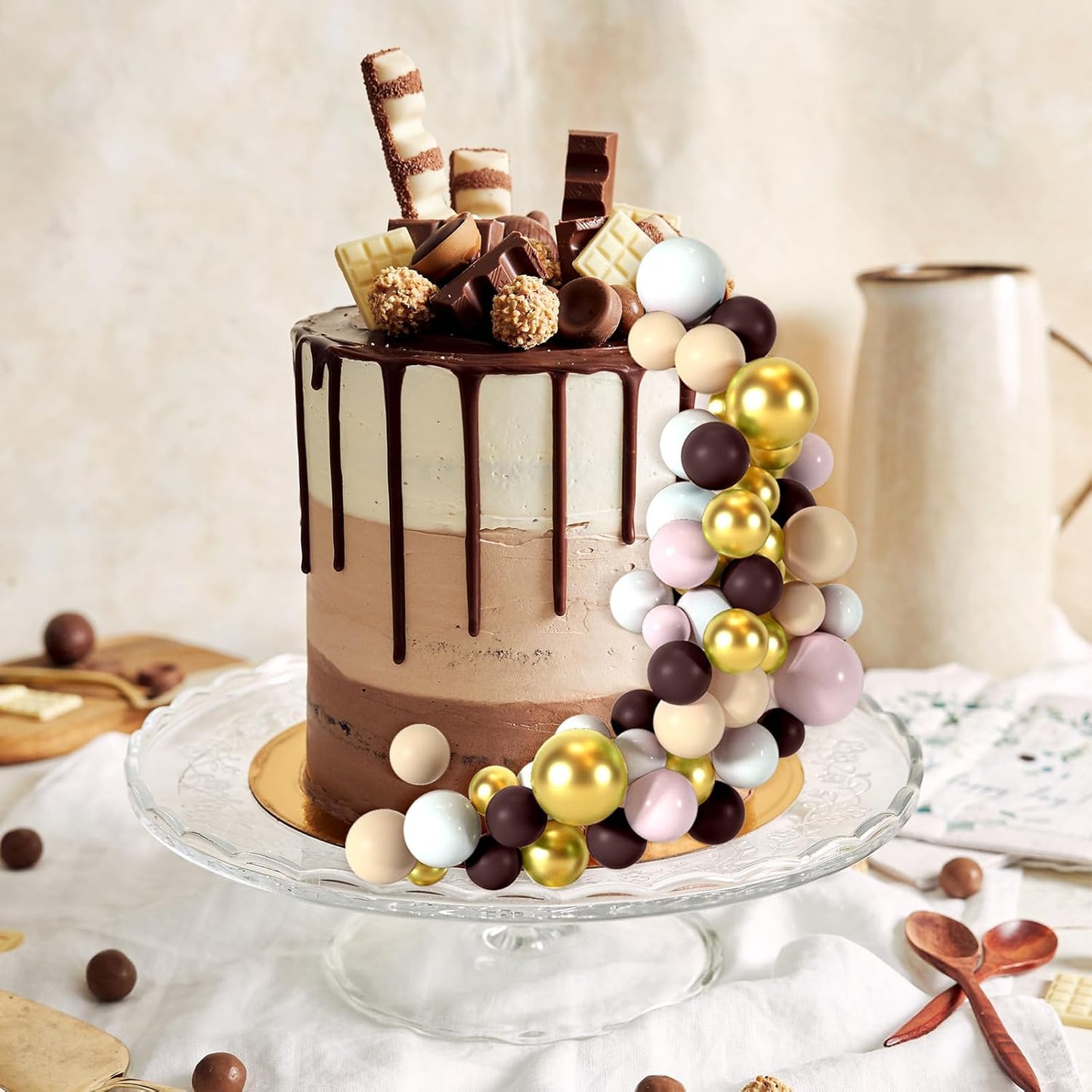 48 Pcs Balls Cake Topper Decorations Balloon Cupcake Toppers Foam Cake Topper Balls for Birthday Party Wedding Cake Decorating(Brown,White,Gold)