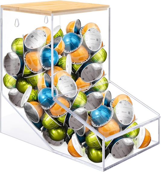 TCJJ Coffee pod organizer with bamboo lid, transparent k cup holder, 170 cubic inches capacity, can be placed on a tabletop or mounted on a wall, compatible with Nestlé coffee pod.