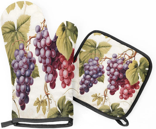 Vintage Grapes Vine Oven Mitts and Pot Holders Sets, 2 Pcs Decorative Kitchen Oven Glove for Cooking