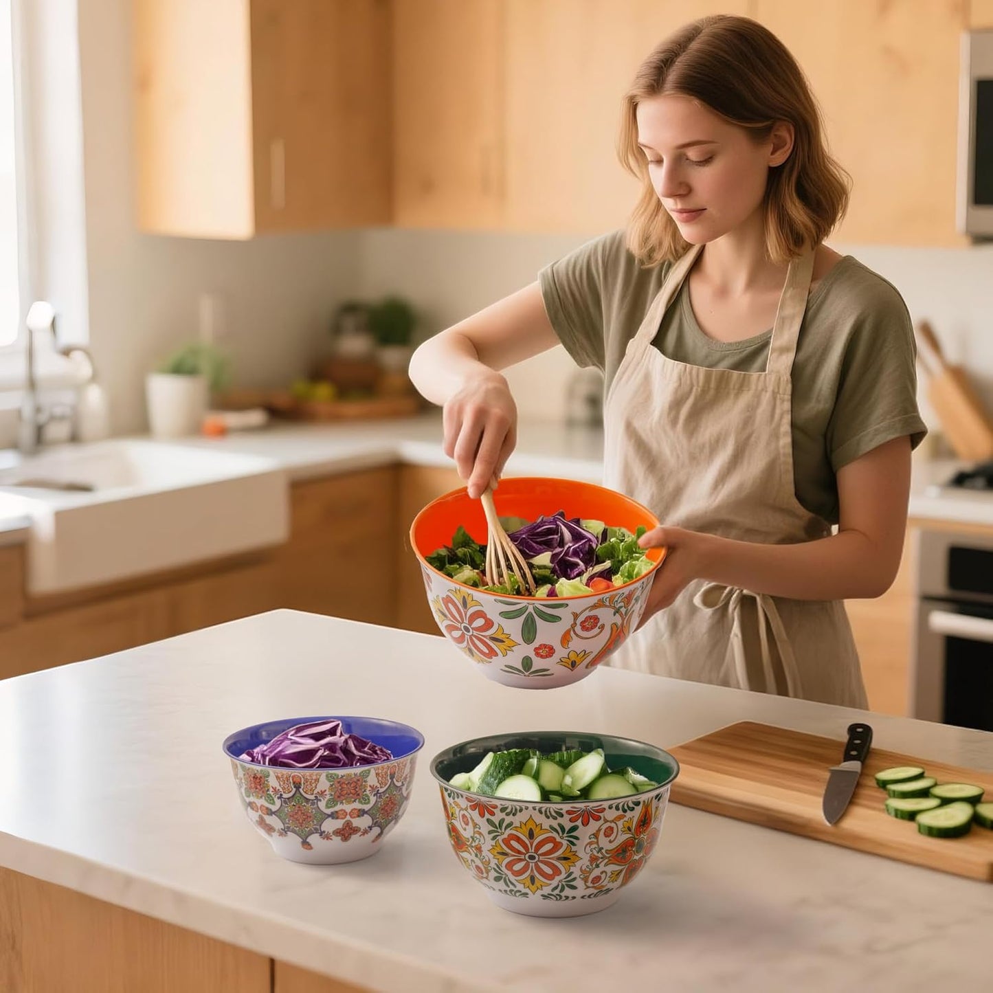 TP Large Mixing Bowl Set with Lids, Melamine Nesting Bowls Set for Pasta Baking Salad Mixing, Set of 3, Aztec Bloom