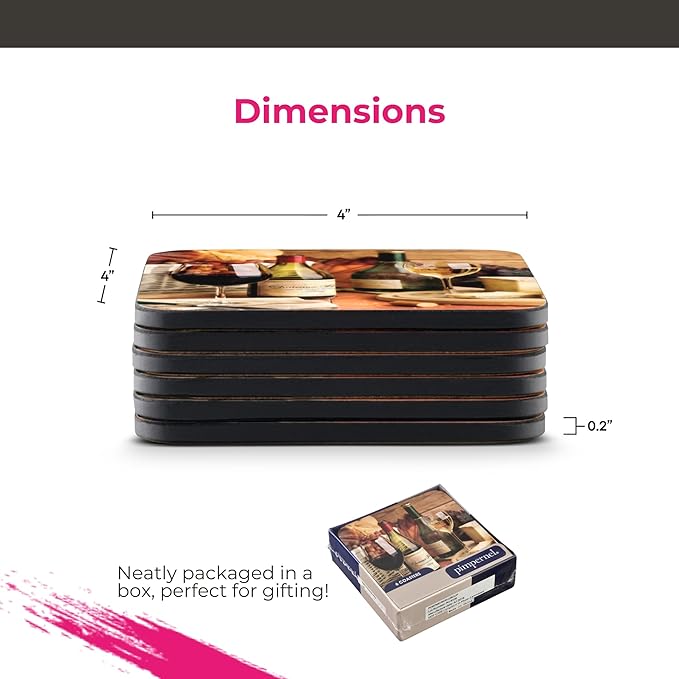 Pimpernel Artisanal Collection Coasters, Set of 4 – 4" Square 5mm Cork-Backed Drink Mats with Cheese & Grapes Art Print, Heat & Stain Resistant Lacquered Board for Dining Table Protection