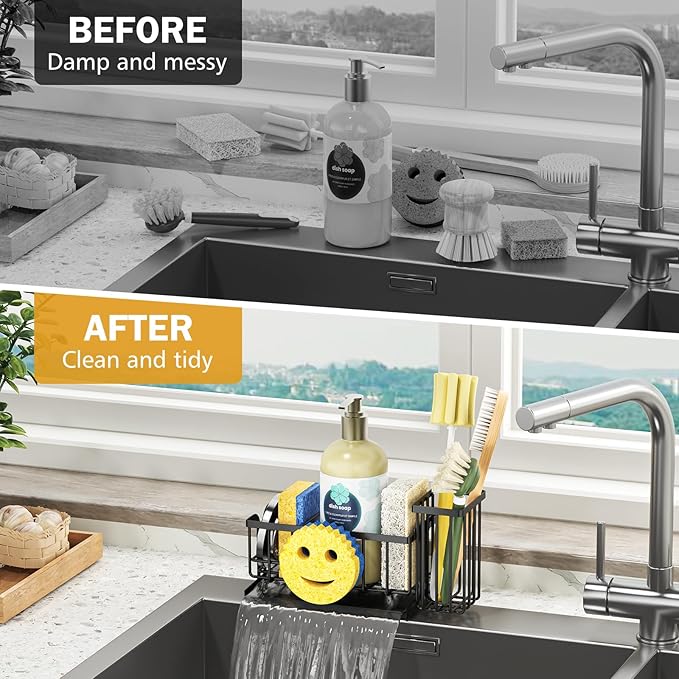 Epicano Sink Caddy Sponge Holder, Smiley Face Sponge Rack with High Brush Holder,Rustproof Kitchen Countertop Organizer,Kitchen Gadgets Sink Accessories, 7.6" x 6.3" x 4.1", Black