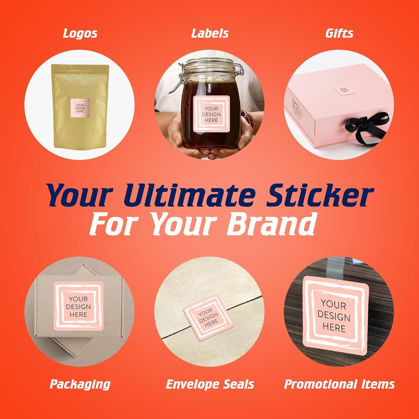 100 Custom Vinyl Stickers - Upload Your own Image, Text, Design, Logo - Personalized Logo Labels for Handmade, Packaging, Bottle, Jars, Candle, Brand Stickers (Peach, 2x2 Square)
