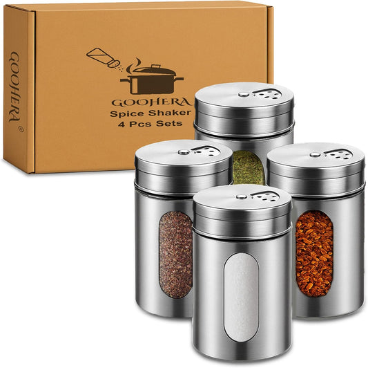 4-Piece Premium Stainless Steel Salt and Pepper Shakers Set – Adjustable Pour Holes Spice Dispenser for Salt, Sugar, Cinnamon, and Pepper – Stylish Kitchen Seasoning and Spice Shaker Set