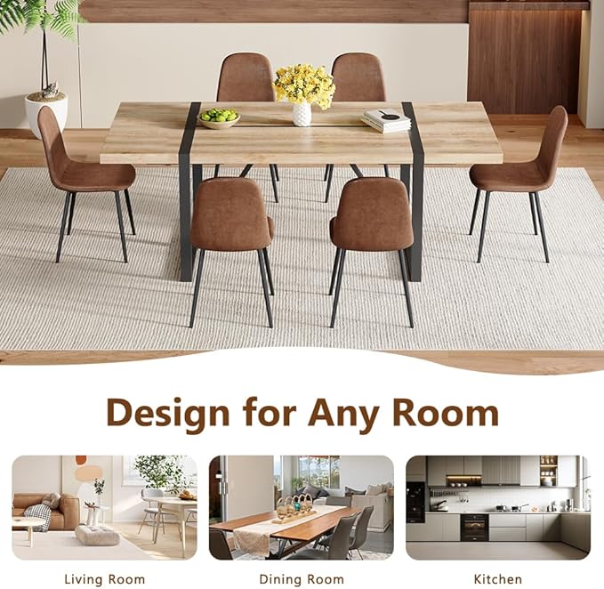 86.6" Dining Table Set for 6, Modern 7 Piece Wood Kitchen Table and Chairs Set, Rectangle Dining Room Table with 6 Upholstered Suede Chairs, Ideal for Apartment, Kitchen, Dining Room