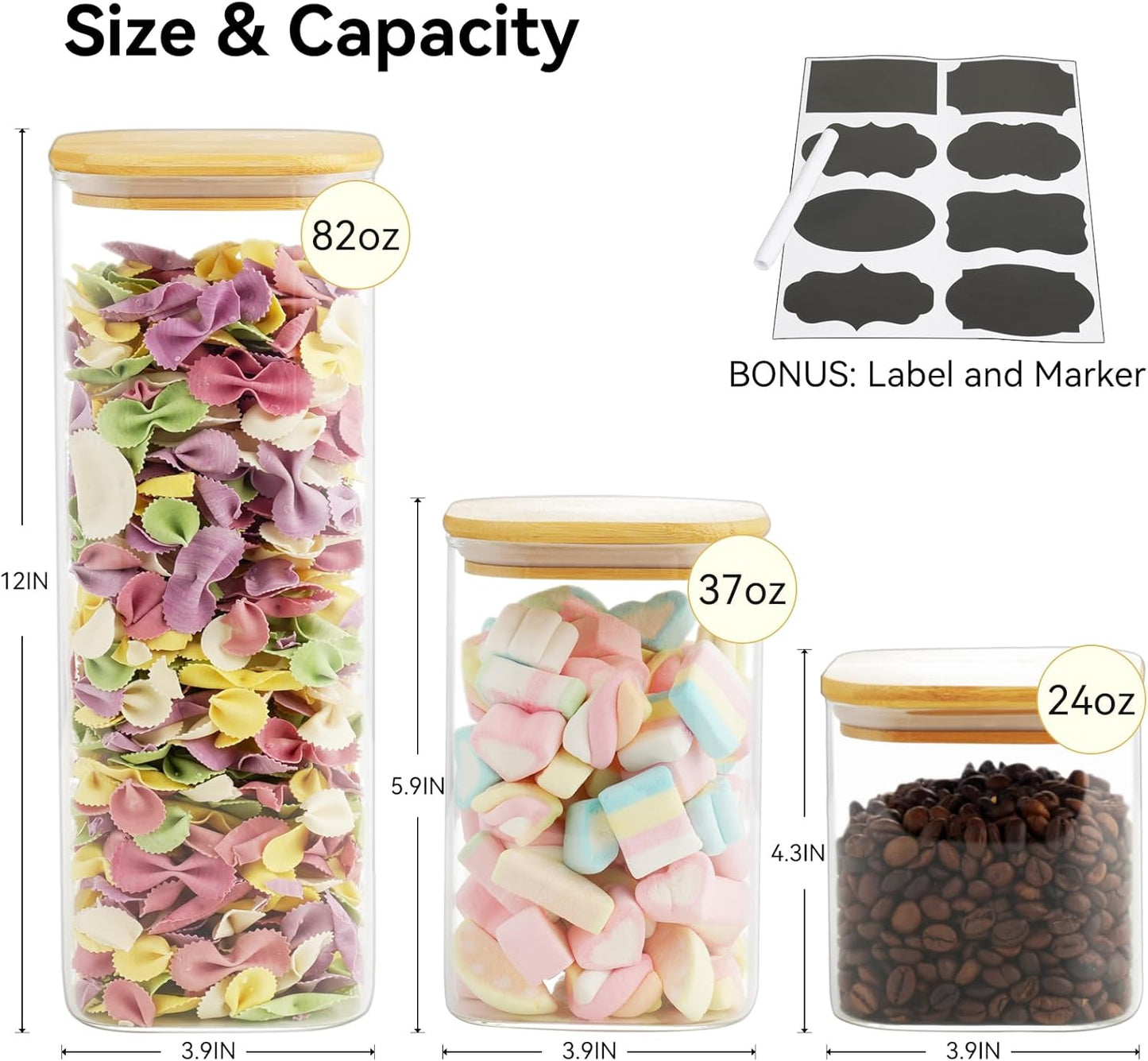 5 Set Glass Jars with Bamboo Lids, Square Food Storage Containers, Glass Pantry Storage Containers with Lids for Pasta, Cereal, Flour, Sugar