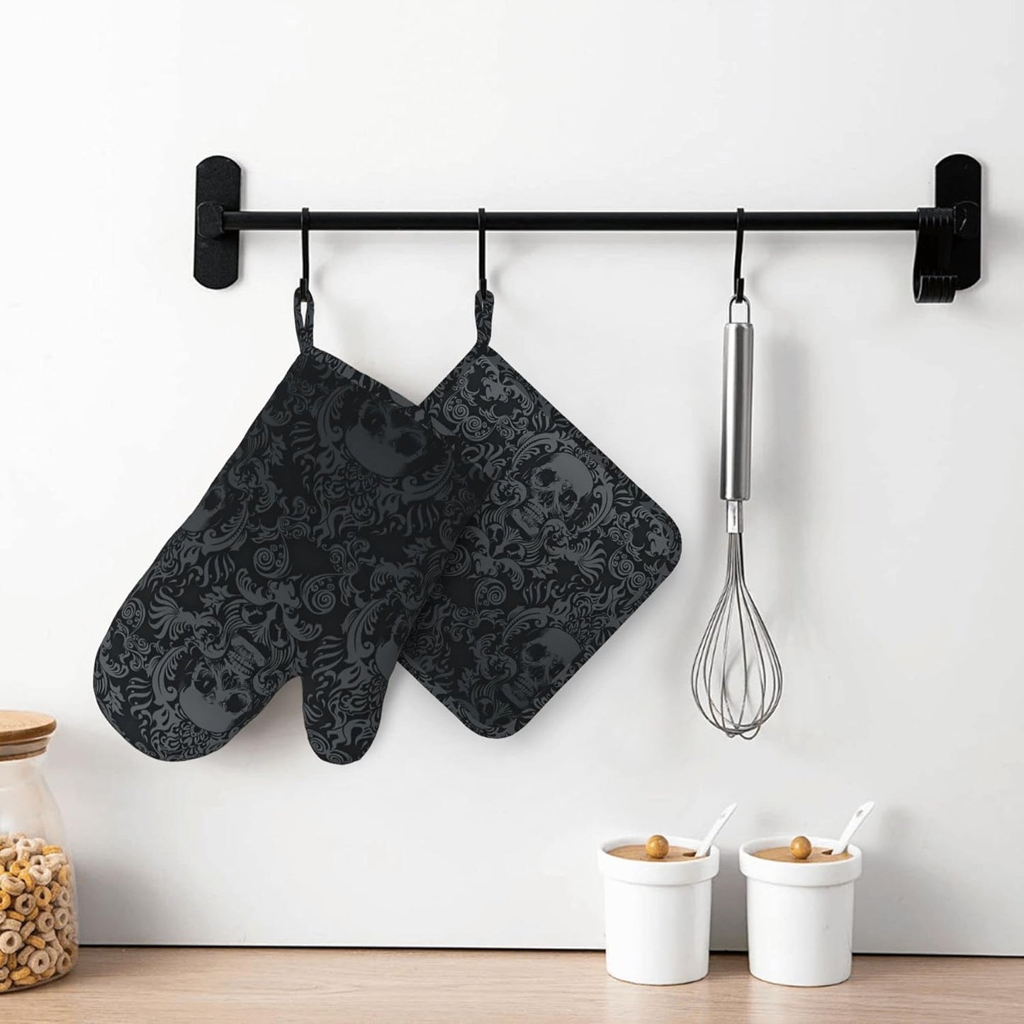Gothic Skull Oven Mitts and Pot Holders Sets of 4,Resistant Hot Pads with Silicone Non-Slip BBQ Gloves for Kitchen,Cooking,Baking,Grilling