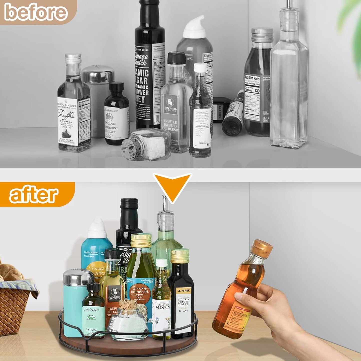 Lazy Susan Turntable Organizer with Anti-slip Mat for Cabinet Pantry Kitchen Countertop Refrigerator Office, Pine Wood, 10", Brown