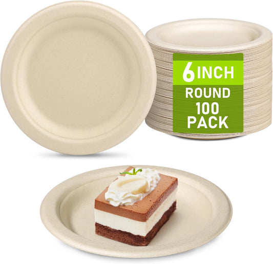 Small Paper Plates, 100 Pack Paper Plates 6 inch, 100% Compostable Plates Eco Friendly Disposable Plates, Small Dessert Plates, Brown Paper Plates