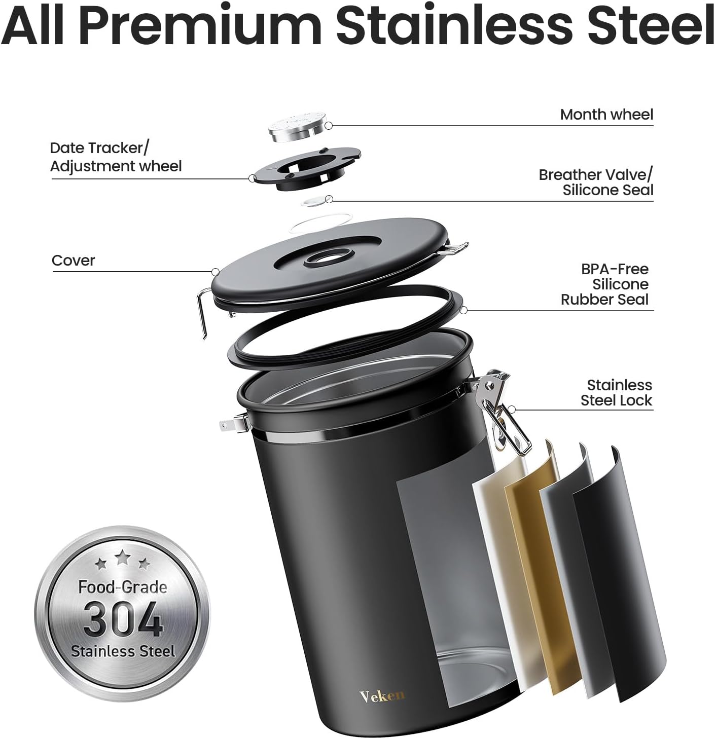 Veken Coffee Canister, 39OZ Large, Airtight Stainless Steel Food Storage Container for 2.2lbs Coffee Beans, Ground, Sugar, Tea, Flour, Rice, Cereal, Cookies Jars, Bar Accessories & Gifts, Black
