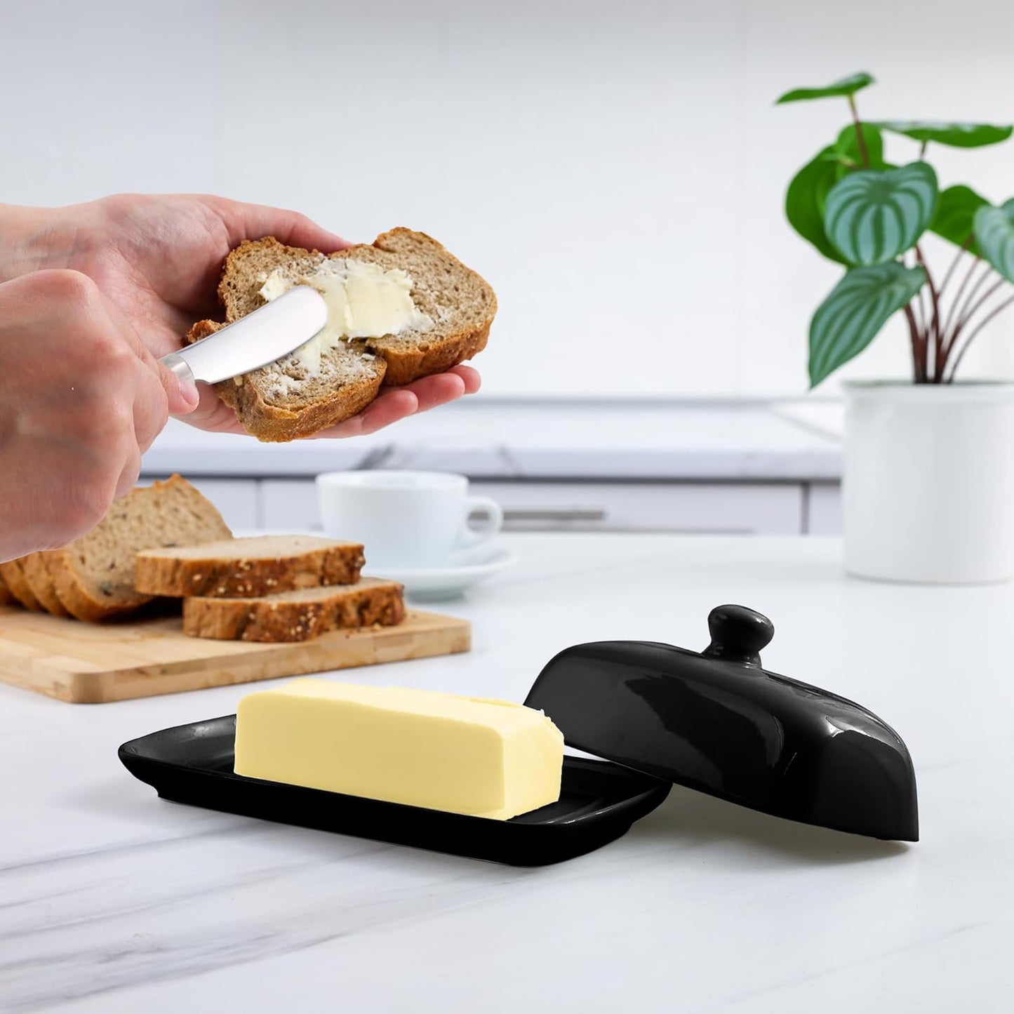 Zulay Butter Dish With Lid For Countertop - Porcelain White, Ceramic Butter Dish with Knob Handle Great for Cooking - Elegant Design Butter Holder - Durable & Sturdy Butter Keeper - Black