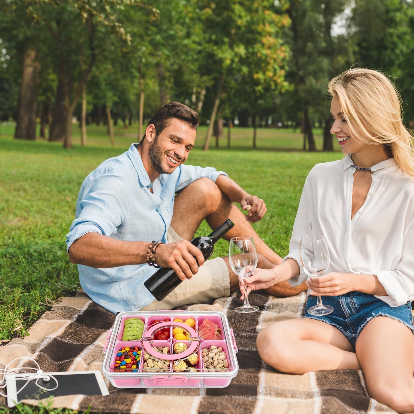 Divided Serving Tray with Lid and Handle,8 Compartments Snacks Box,Snack Fruit Tray,Veggie Tray,Portable Platter for Candy Fruits Nuts Snack Party Entertaining Picnic (2PCS Pink)