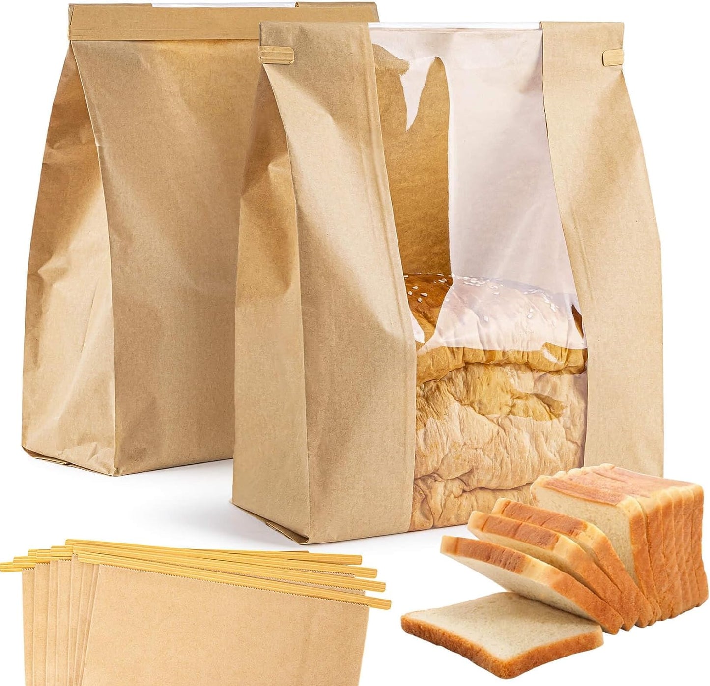 50 Bread Bags with Reusable Ties - Homemade Sourdough Bread Storage Bags Brown Paper Bagel Loaf Bakery Bags with Window Toast Bags with Resealable Ties Disposable Baked Goods Sale Packaging