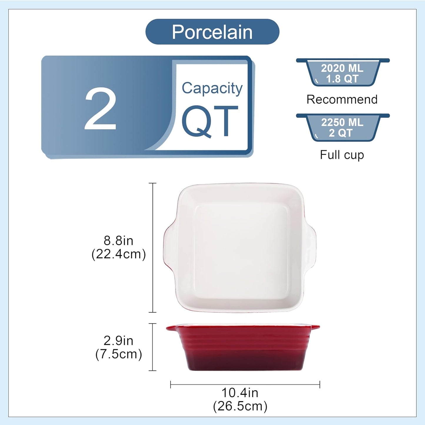 LOVECASA 8x8 inch Baking Pan, 2 Quart Square Cake Pan Baking Dish for Oven, Stoneware Brownie Pan Non-Stick, Casserole Baking Pan with Handle,Ceramic Bread Pans for Baking, Red