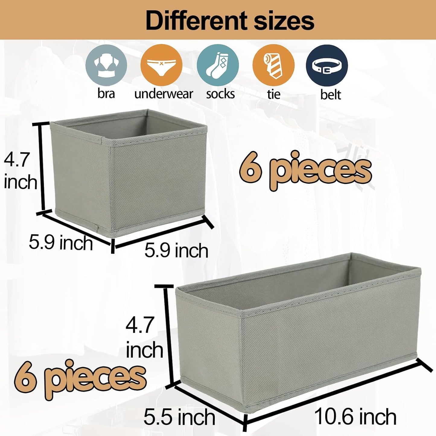 Set of 12 Drawer Organizer, Fabric Closet Organizer and Storage Baskets,Foldable Drawer Divider for Clothing,Sock,Ties,Underwear Drawer Organizers,Set of Cabinet Storage Boxes (Gray)