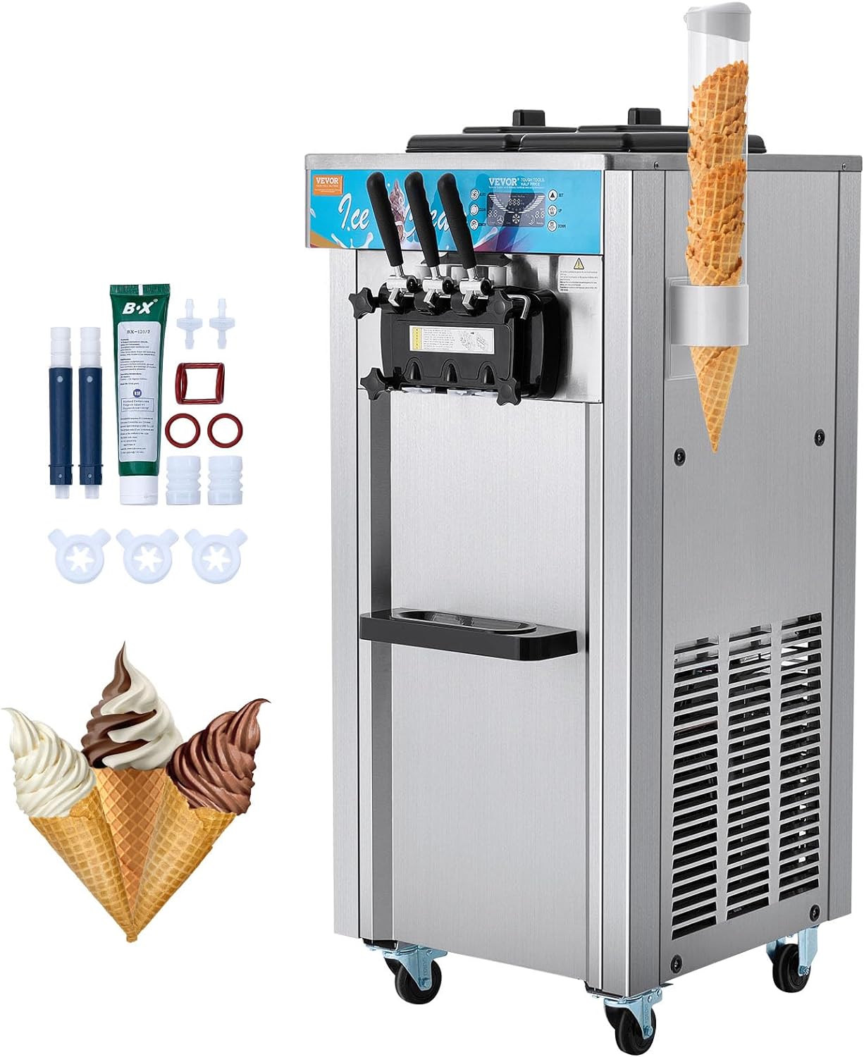 VEVOR Commercial Ice Cream Machine, 21-31 L/H Yield, 1800W 3-Flavor Freestanding Soft Serve Ice Cream Maker, 2 x 5.5L Stainless Steel Cylinder, LED Panel Auto Clean Pre-cooling, for Restaurant Bars
