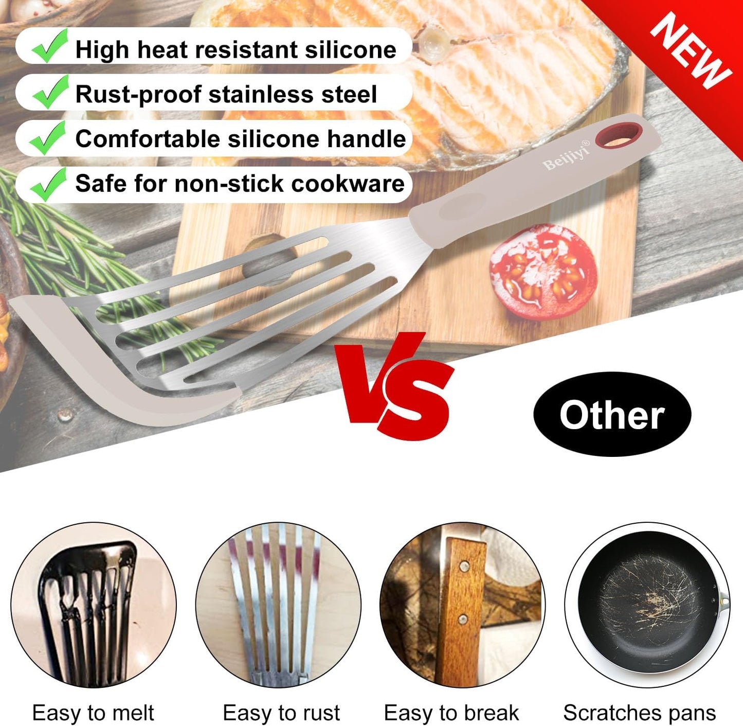 Beijiyi Silicone Fish Spatula Set, 2-Piece Heat Resistant Fish Turner Spatula for Non Stick Frying Pan, Flexible Kitchen Cooking Utensils, Slotted Egg Flipper, Large 12.3 In, Small 10.6 In, Khaki