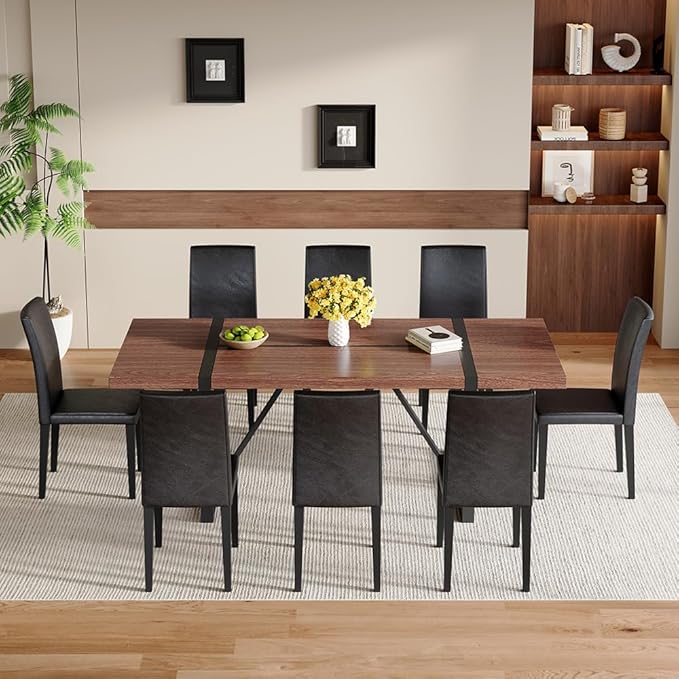 86.6" Dining Table Set for 8, Modern 9 Piece Wood Kitchen Table and Chairs Set, Rectangle Dining Room Table with 8 PU Leather Upholstered Chairs, Ideal for Home, Kitchen, or Apartment Dining