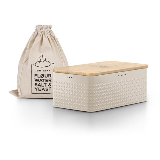 LARS NYSØM Bread Box I Metal Box with linen bag for long lasting freshness I Bread Bin with bamboo lid usable as cutting board I 13.4x7.3x5.3In (Taupe Brown)