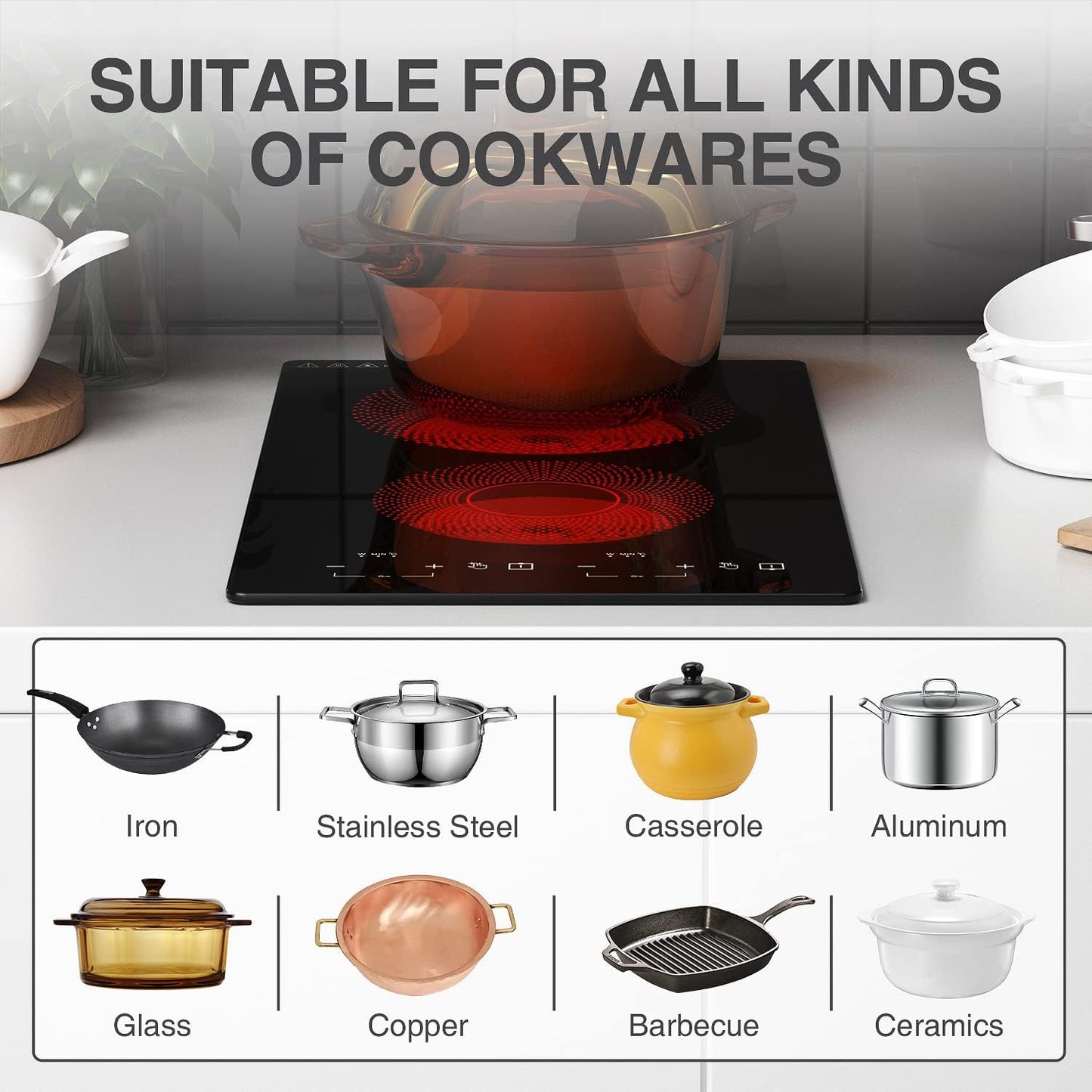 Portable Electric Hot Plate, 2 Burner Cooktop 110V/120V Plug-in, Infrared Stove Top for Cooking, LED Touch Control, Timer & Safety Lock for RV, Dorm, Apartment (Electric Cooktop 2 Burners A)