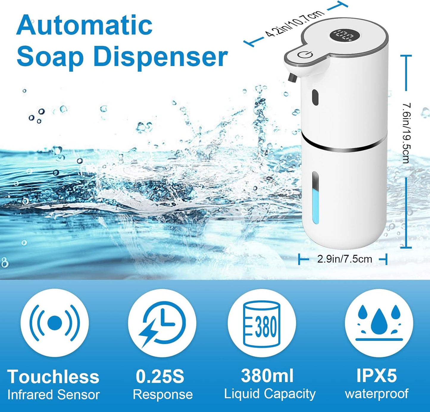 2 Pack Automatic Foaming Soap Dispenser Touchless, USB Rechargeable Smart Hand Soap Dispenser, 6-Level Adjustable, 12.8oz/380mL Wall Mount for Bathroom Kitchen Dish Soap