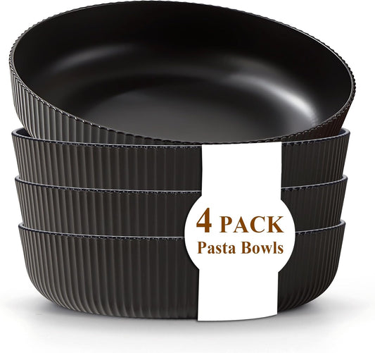 Kyraton Pasta Bowls Set of 4, 37oz Salad Bowls Soup Bowls Large Pasta Serving Bowl Plastic Unbreakable Serving Dishes Dinner Bowls (Black)