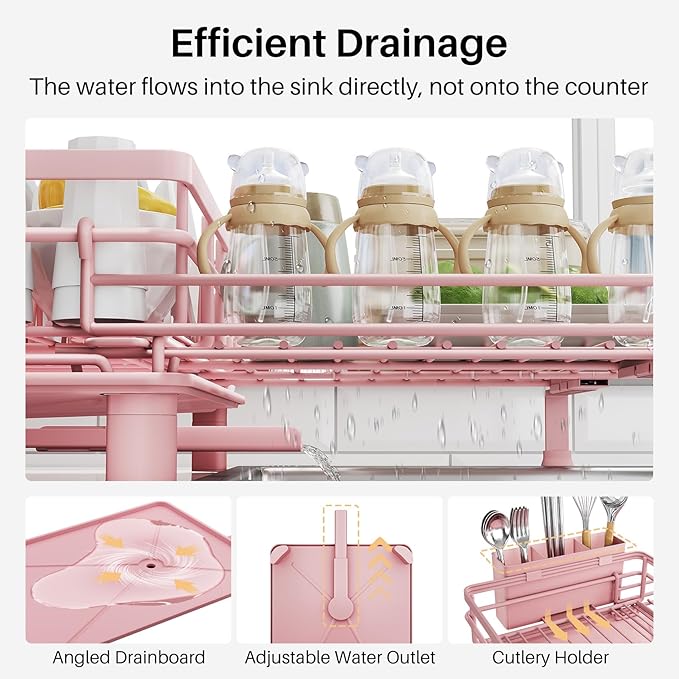 SNTD Dish Drying Rack - Extendable Dish Rack, Large Sink Drying Dish Drainer for Kitchen Counter, Stainless Steel Dish Strainer with Utensil Holder (Pink)