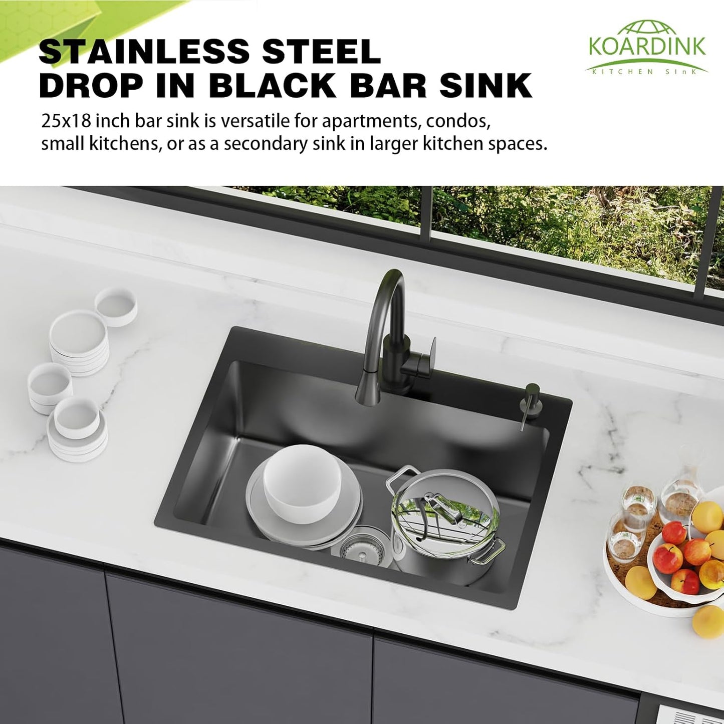 Black 25x18 Inch Kitchen And Bar Sink - Stainless Steel Drop In Single Bowl Topmount Modern Kitchen And Bar Sink With Spoon Rest,Drain Strainer Set Compatibility With Various Kitchen&Bar Style
