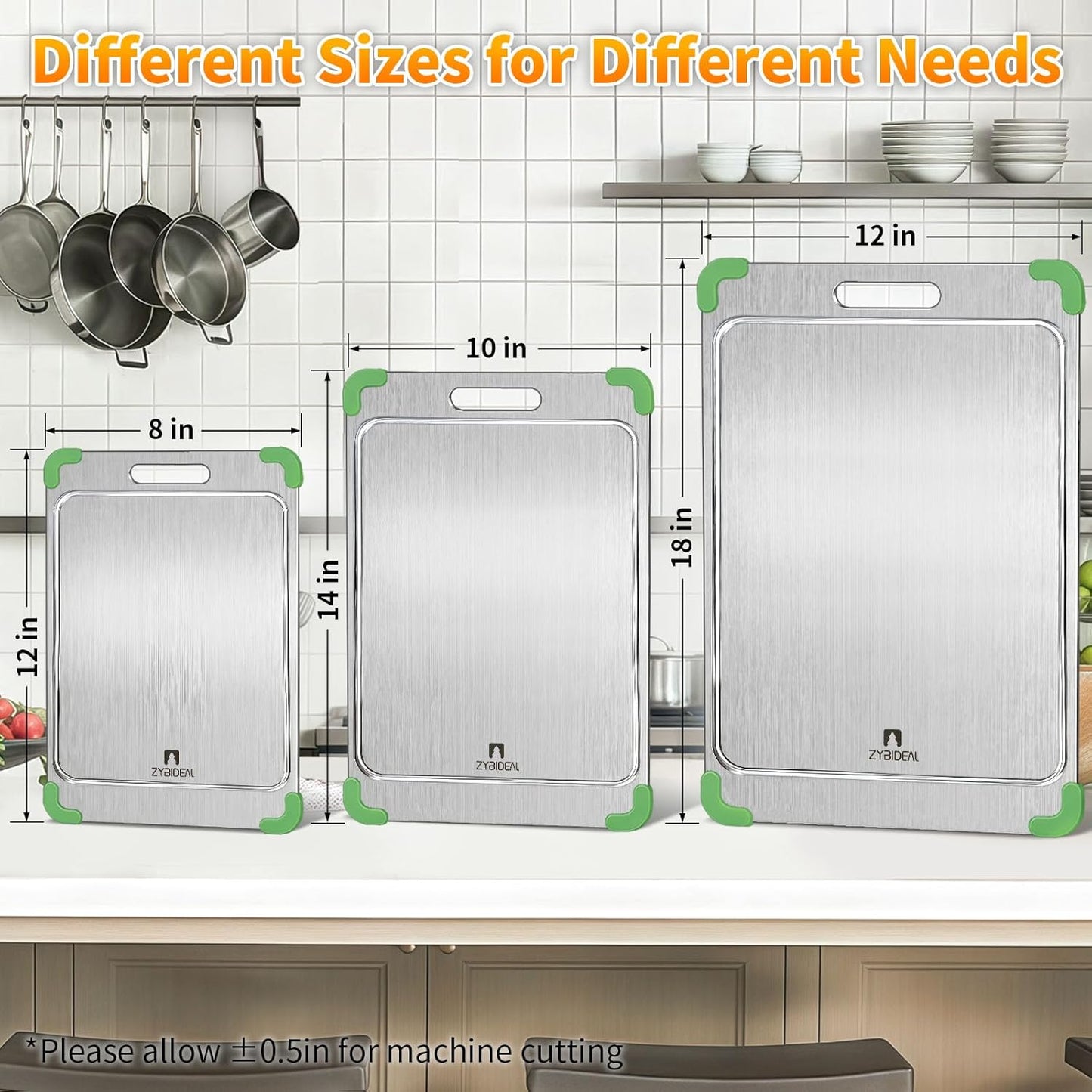 3Pcs 100% Pure Titanium Cutting Board with Grooves, Update Double Side Titanium Chopping Board, Silicone Anti-slip Stainless Cutting Boards Set for Kitchen, Green