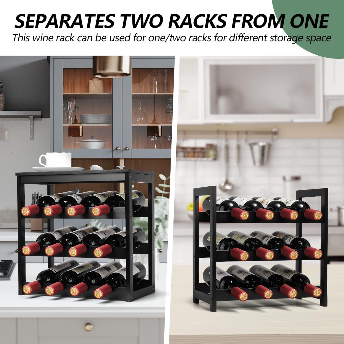 Wine Rack 24-Botttle Freestanding Floor, 6-Tier Wine Rack Shelf with Table Top, Bamboo Display Wine Storage Shelves Kitchen Bar Dining Room Living Room, Black