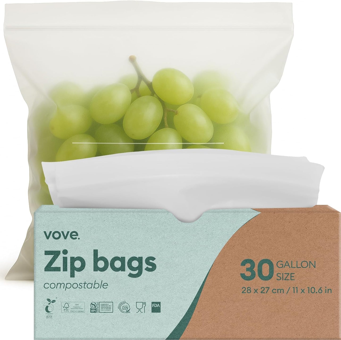 Vove Compostable Zip Bags | 30 Pack Gallon Size (4L) | Biodegradable Storage Bags | PLA PBAT Eco-Friendly | Zero Waste Kitchen Storage | Sustainable Food Bags with Certification